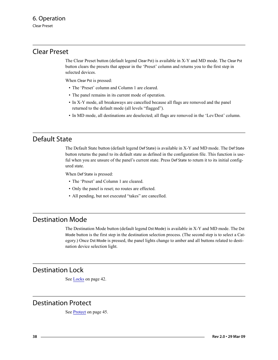 Clear preset, Default state, Destination mode | Destination lock, Destination protect, Operation | Grass Valley NV9601 v.2.0 User Manual | Page 48 / 76