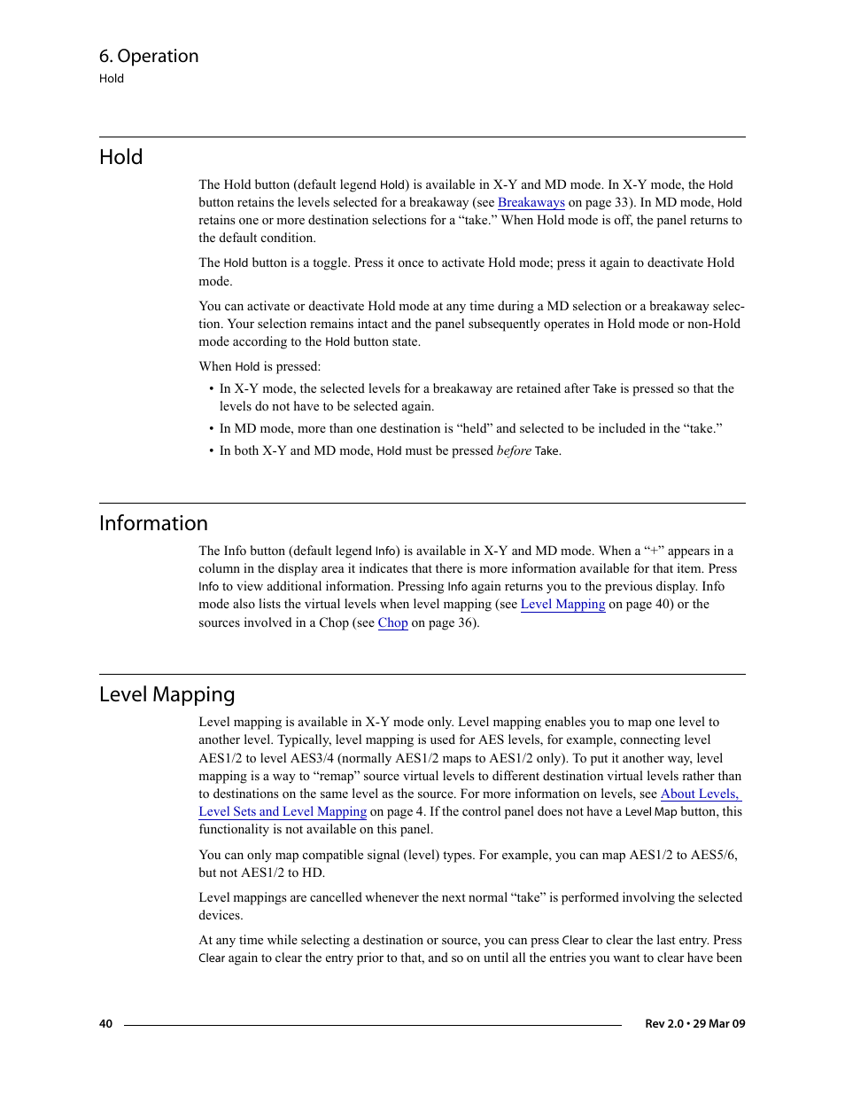 Hold, Information, Level mapping | Hold information level mapping, Level mapping. see, Operation | Grass Valley NV9601 v.2.0 User Manual | Page 50 / 76