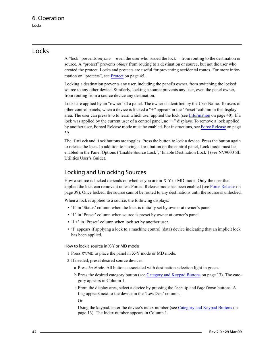 Locks, Locking and unlocking sources, Protect (see | Operation | Grass Valley NV9601 v.2.0 User Manual | Page 52 / 76
