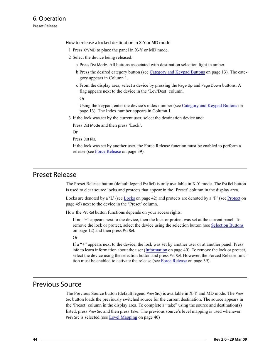 Preset release, Previous source, Preset release previous source | Previous source. see, Operation | Grass Valley NV9601 v.2.0 User Manual | Page 54 / 76