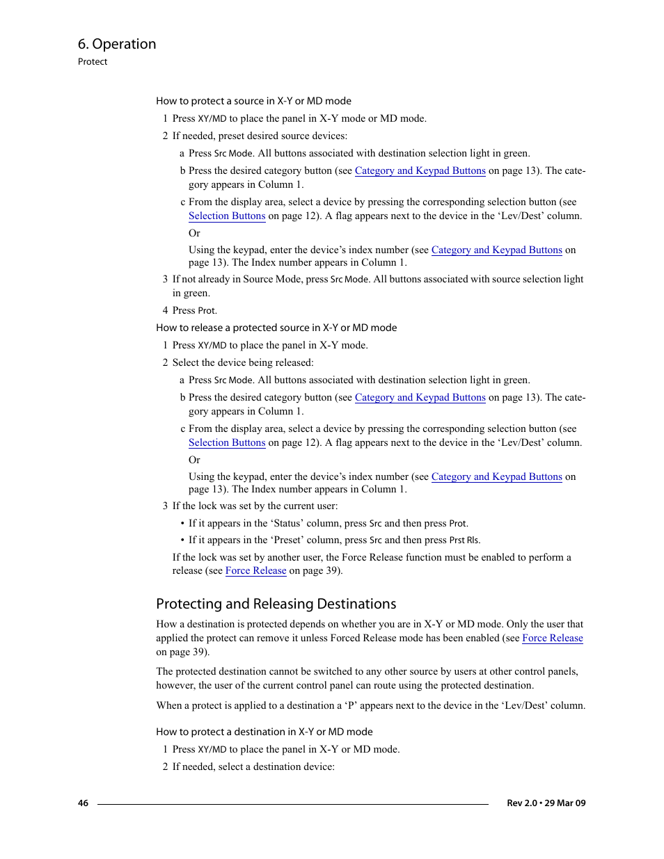 Protecting and releasing destinations, Operation | Grass Valley NV9601 v.2.0 User Manual | Page 56 / 76