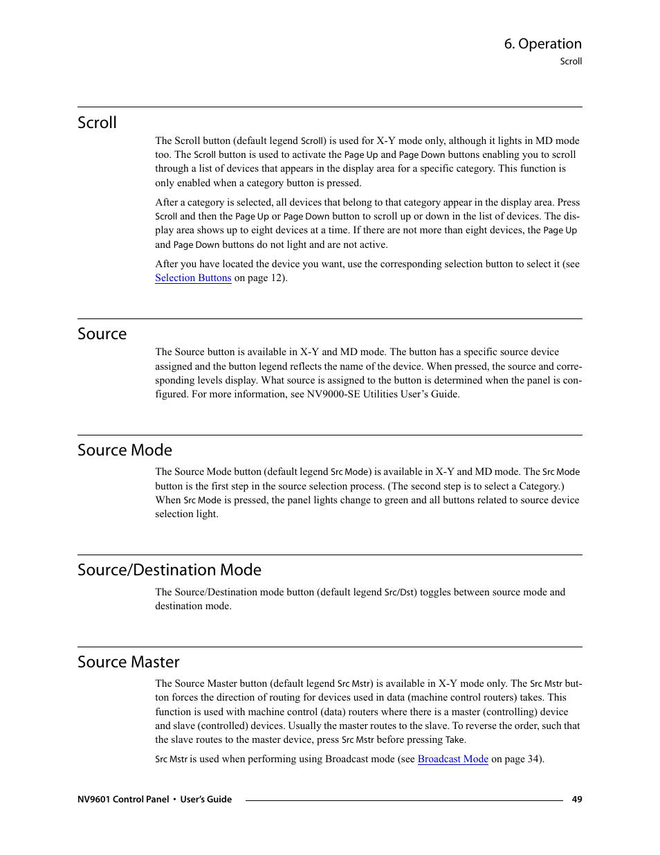 Scroll, Source, Source mode | Source/destination mode, Source master, Operation | Grass Valley NV9601 v.2.0 User Manual | Page 59 / 76