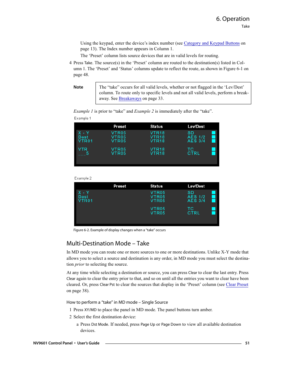 Multi-destination mode - take, Multi-destination mode – take, Ns. see | Operation | Grass Valley NV9601 v.2.0 User Manual | Page 61 / 76