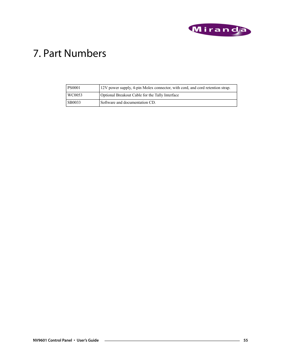 Part numbers, Chapter 7 | Grass Valley NV9601 v.2.0 User Manual | Page 65 / 76