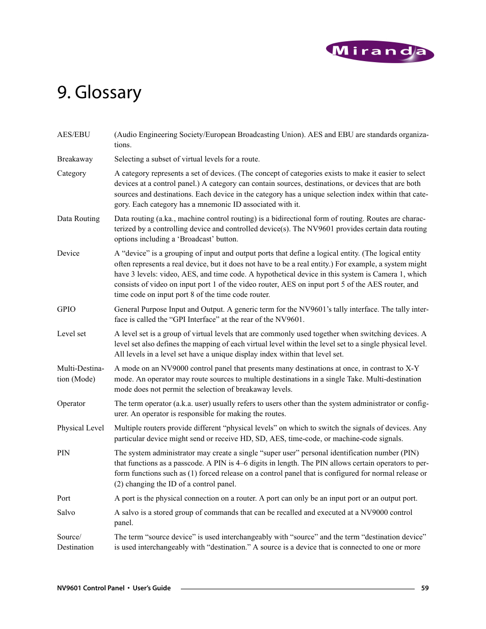 Glossary, Chapter 9 | Grass Valley NV9601 v.2.0 User Manual | Page 69 / 76