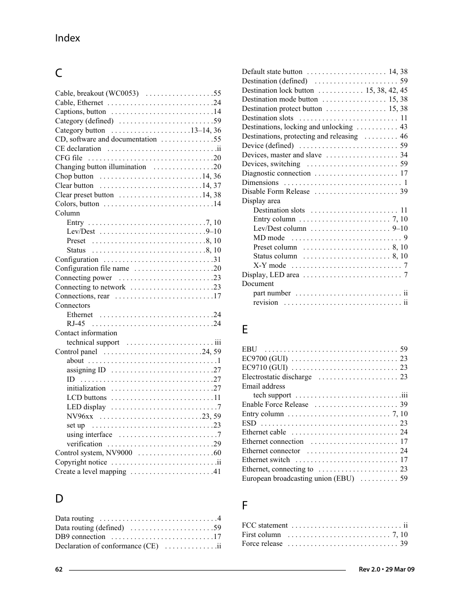 Index | Grass Valley NV9601 v.2.0 User Manual | Page 72 / 76