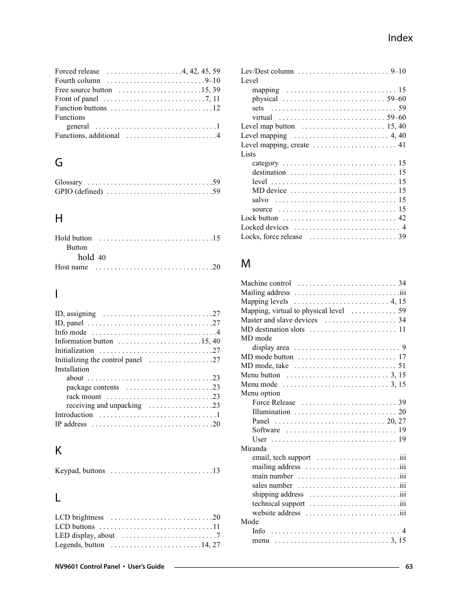 Index | Grass Valley NV9601 v.2.0 User Manual | Page 73 / 76