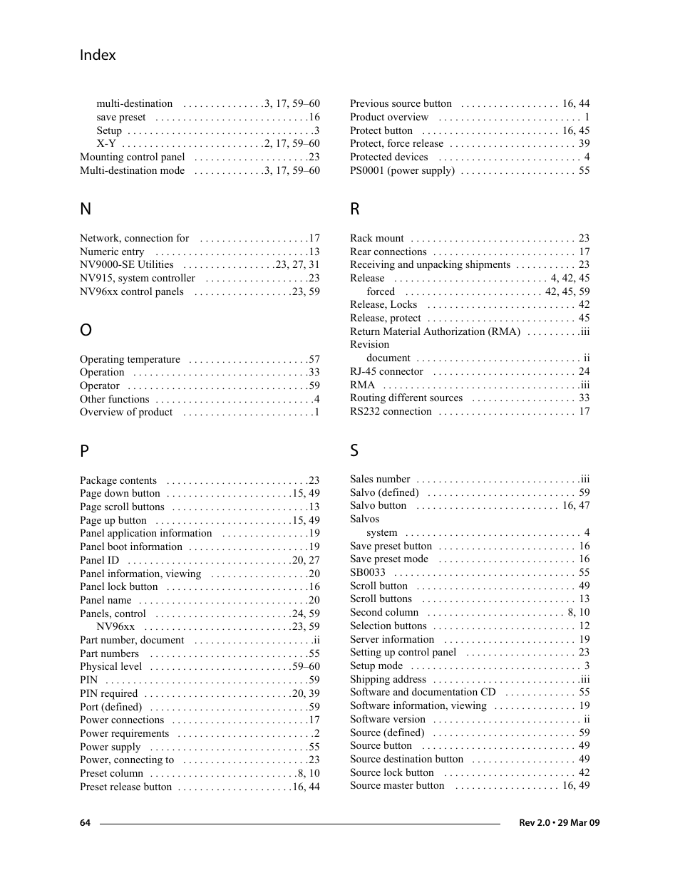 Index | Grass Valley NV9601 v.2.0 User Manual | Page 74 / 76