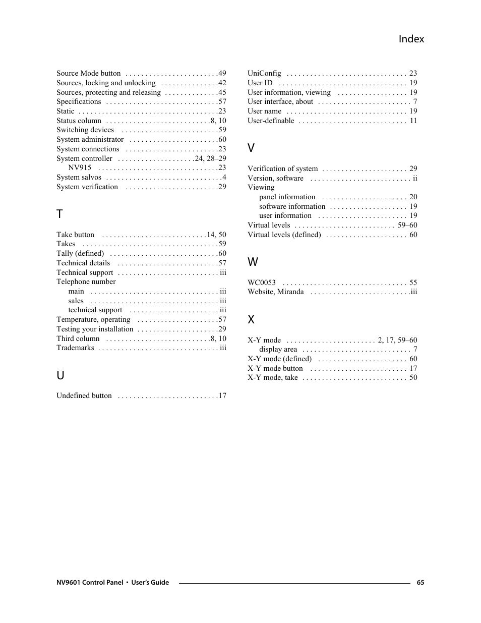 Index | Grass Valley NV9601 v.2.0 User Manual | Page 75 / 76