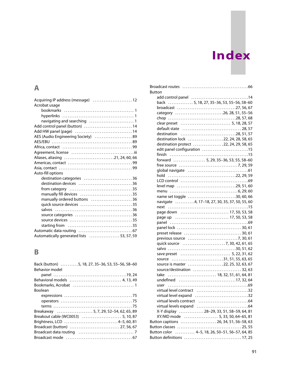 Index | Grass Valley NV9641A v.1.0 User Manual | Page 101 / 110