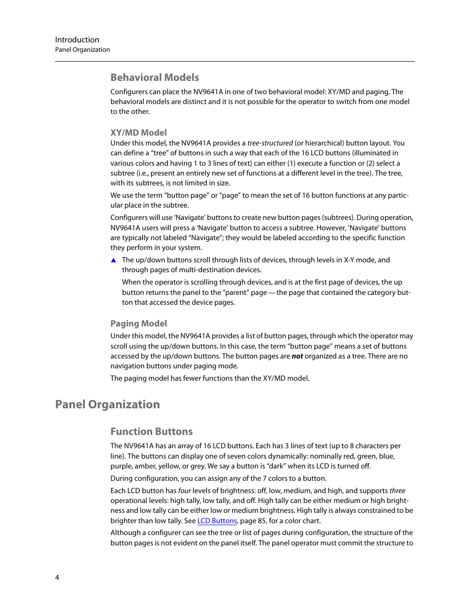 Behavioral models, Xy/md model, Paging model | Panel organization, Function buttons, Xy/md model paging model | Grass Valley NV9641A v.1.0 User Manual | Page 14 / 110