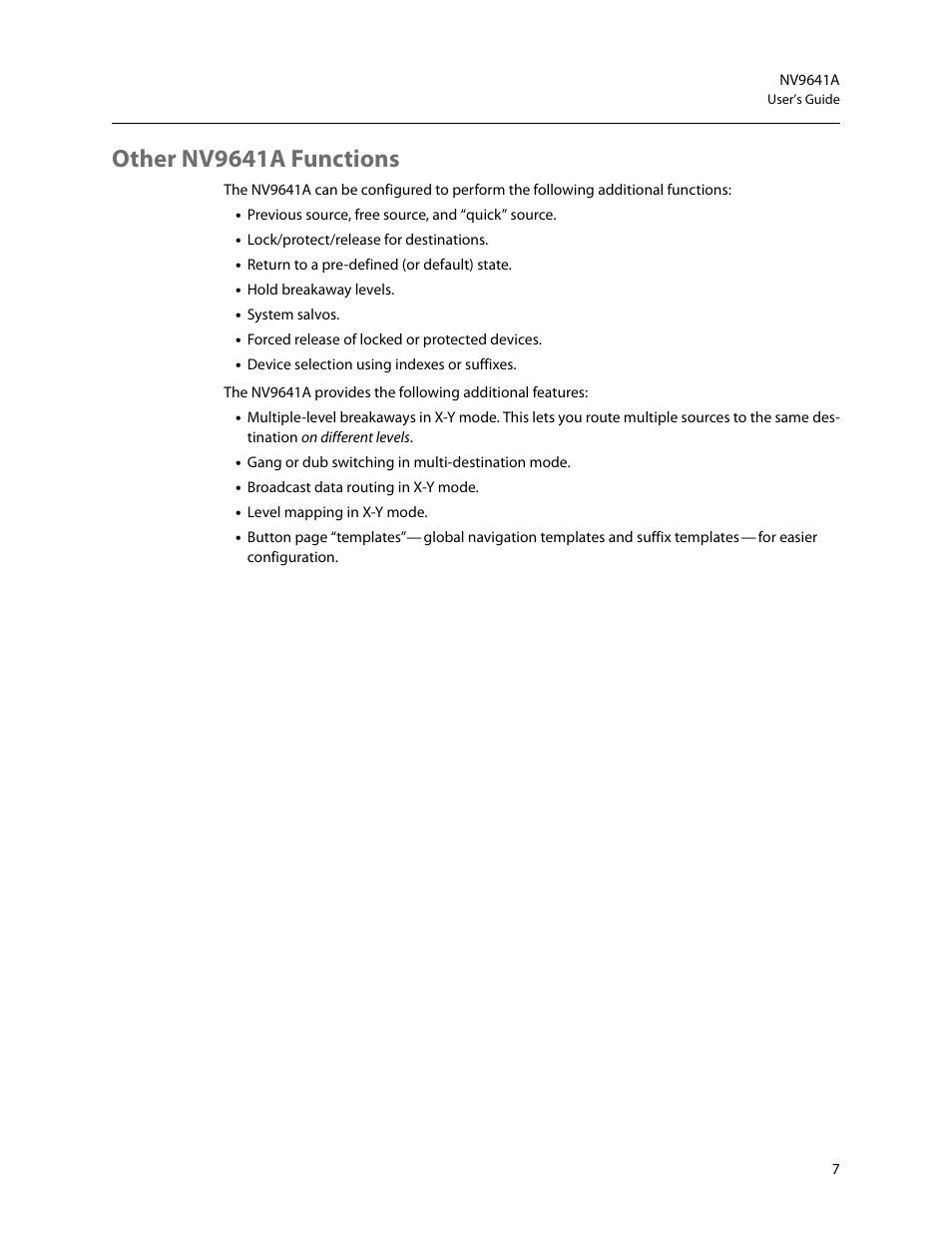 Other nv9641a functions | Grass Valley NV9641A v.1.0 User Manual | Page 17 / 110