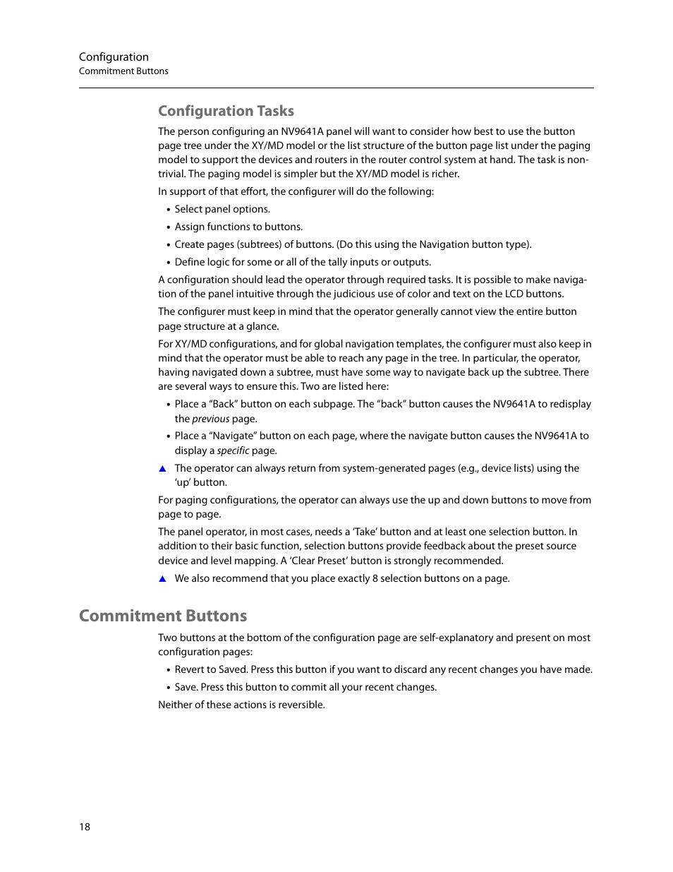 Configuration tasks, Commitment buttons | Grass Valley NV9641A v.1.0 User Manual | Page 28 / 110