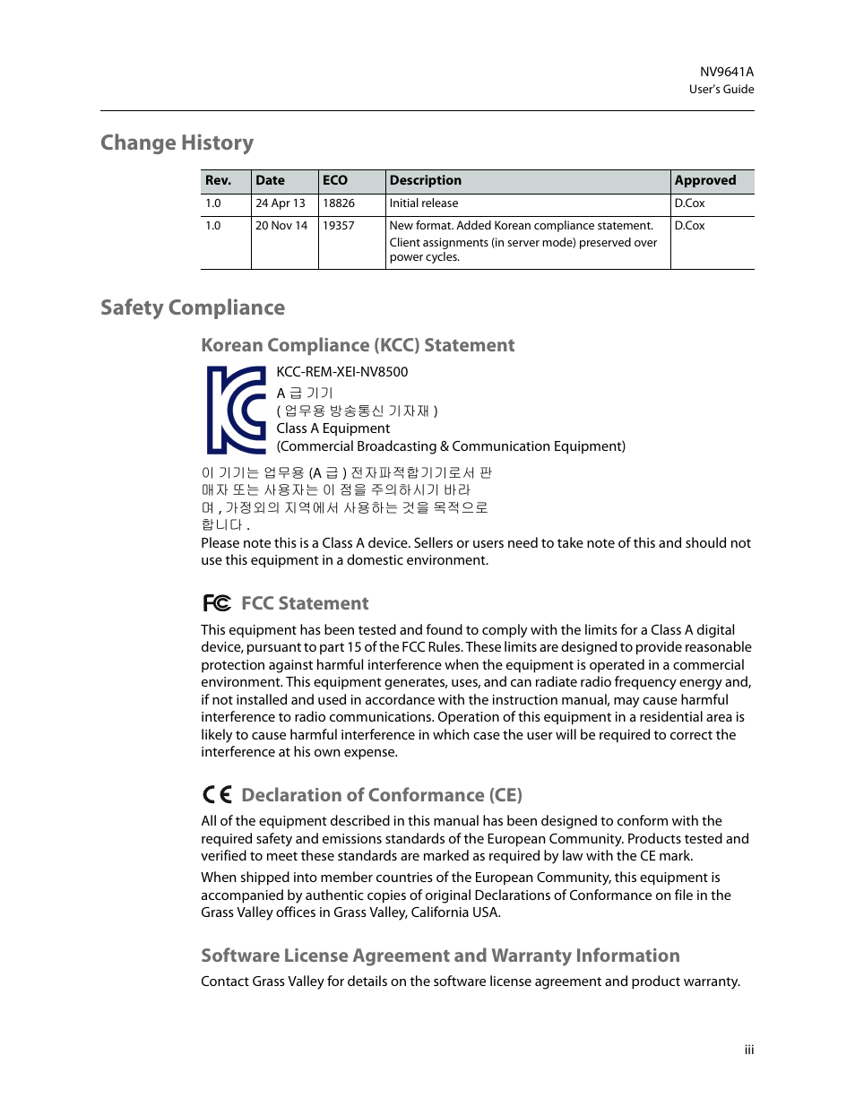 Change history safety compliance, Korean compliance (kcc) statement, Fcc statement | Declaration of conformance (ce) | Grass Valley NV9641A v.1.0 User Manual | Page 3 / 110