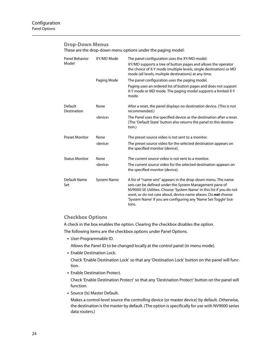 Drop-down menus, Checkbox options, Drop-down menus checkbox options | Grass Valley NV9641A v.1.0 User Manual | Page 34 / 110
