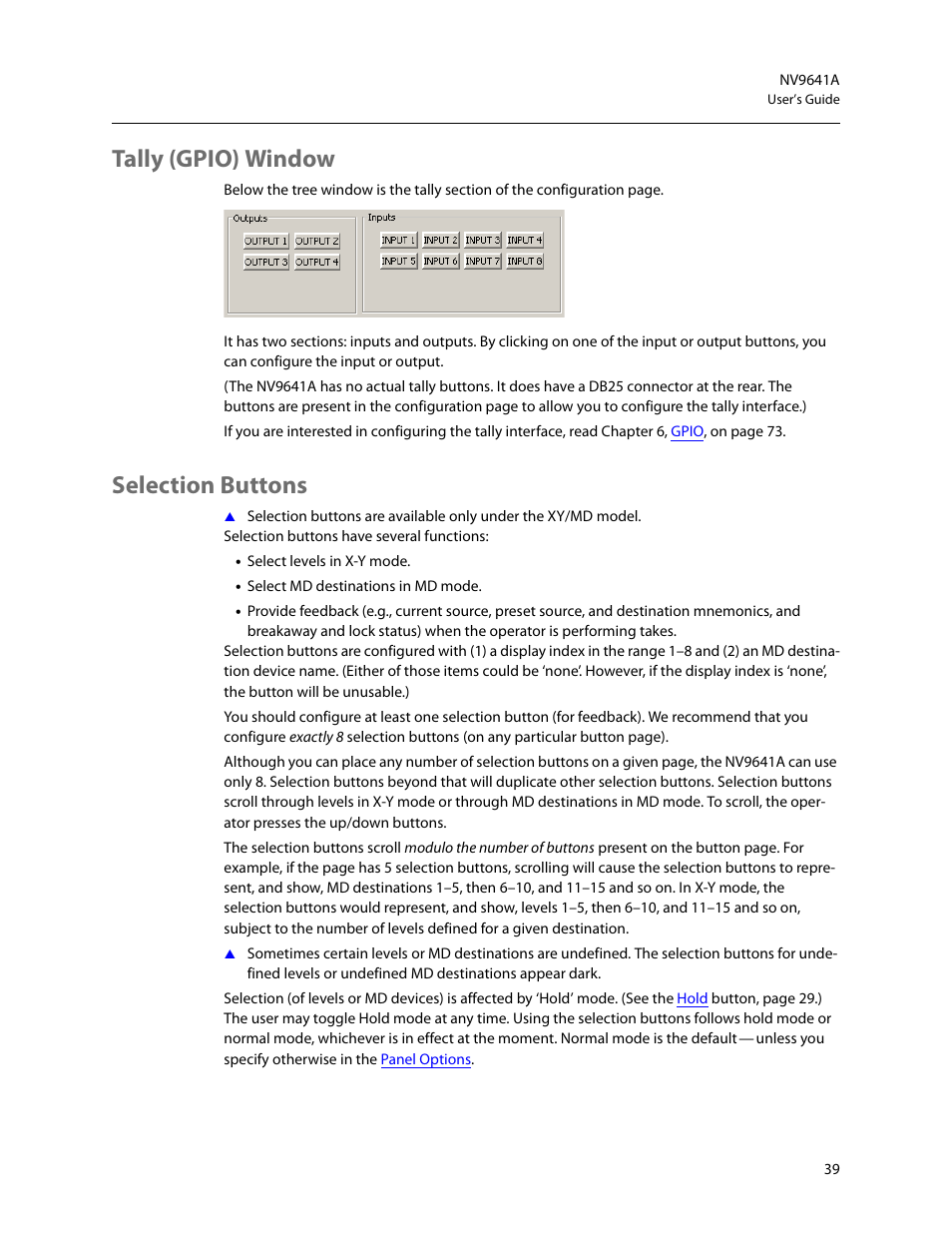 Tally (gpio) window, Selection buttons, Tally (gpio) window selection buttons | Grass Valley NV9641A v.1.0 User Manual | Page 49 / 110