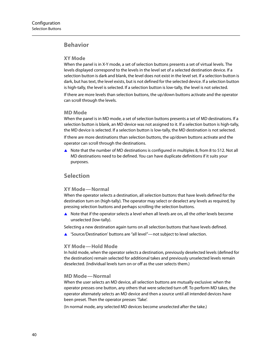 Behavior, Xy mode, Md mode | Selection, Xy mode - normal, Xy mode - hold mode, Md mode - normal, Xy mode md mode, Normal, Hold mode | Grass Valley NV9641A v.1.0 User Manual | Page 50 / 110