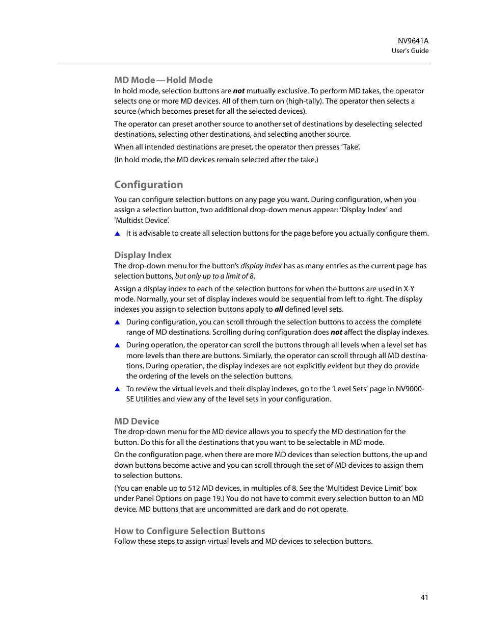 Md mode - hold mode, Configuration, Display index | Md device, How to configure selection buttons, Md mode | Grass Valley NV9641A v.1.0 User Manual | Page 51 / 110