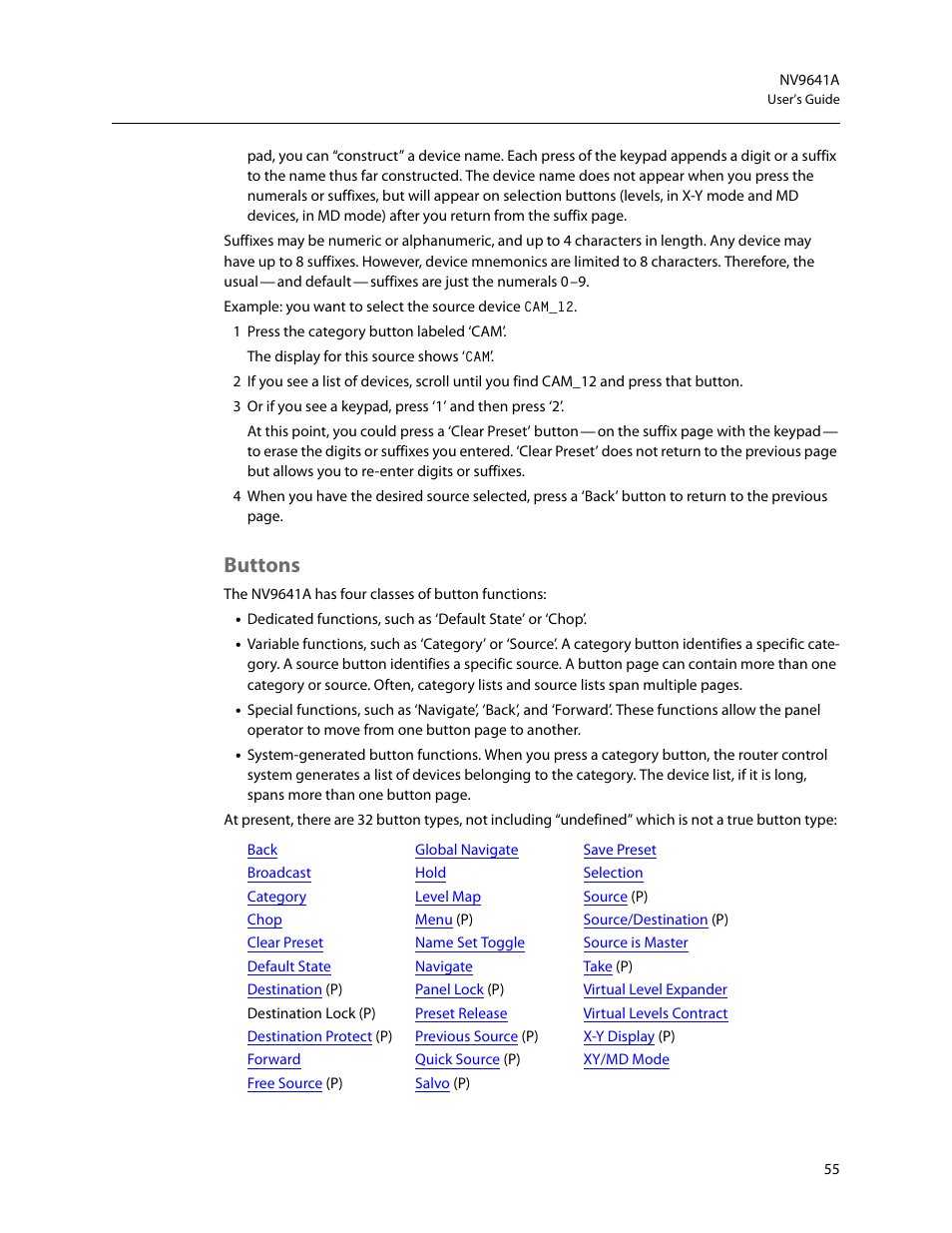 Buttons | Grass Valley NV9641A v.1.0 User Manual | Page 65 / 110