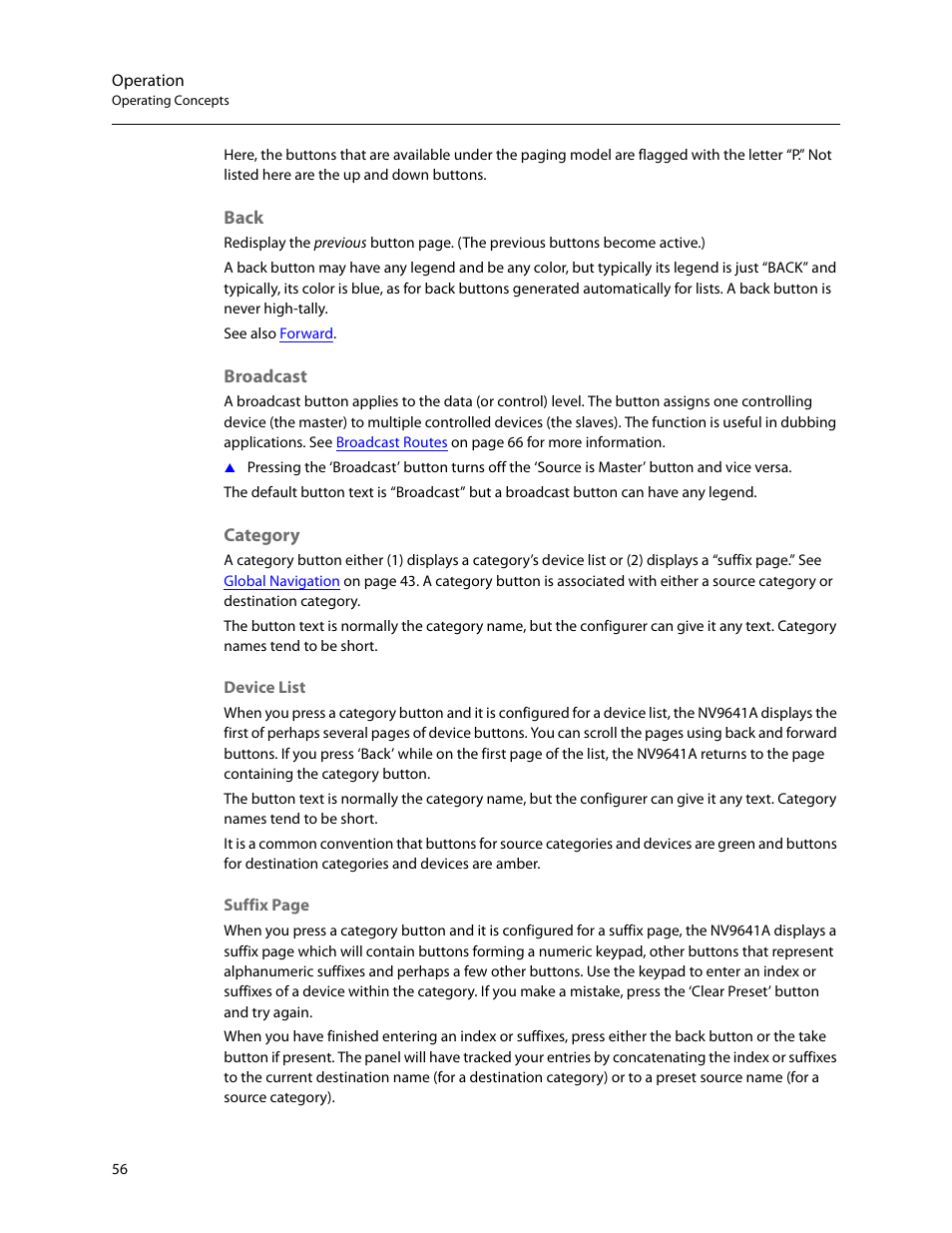 Back, Broadcast, Category | Back broadcast category | Grass Valley NV9641A v.1.0 User Manual | Page 66 / 110