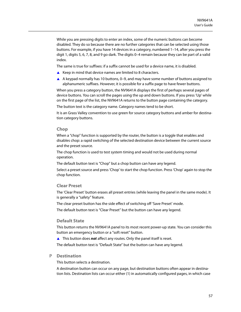 Chop, Clear preset, Default state | Destination, Chop clear preset default state destination | Grass Valley NV9641A v.1.0 User Manual | Page 67 / 110