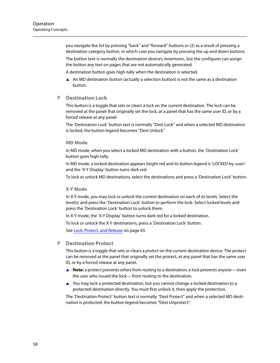 Destination lock, Destination protect, Destination lock destination protect | Destination lock (p), Pdestination lock, Pdestination protect | Grass Valley NV9641A v.1.0 User Manual | Page 68 / 110