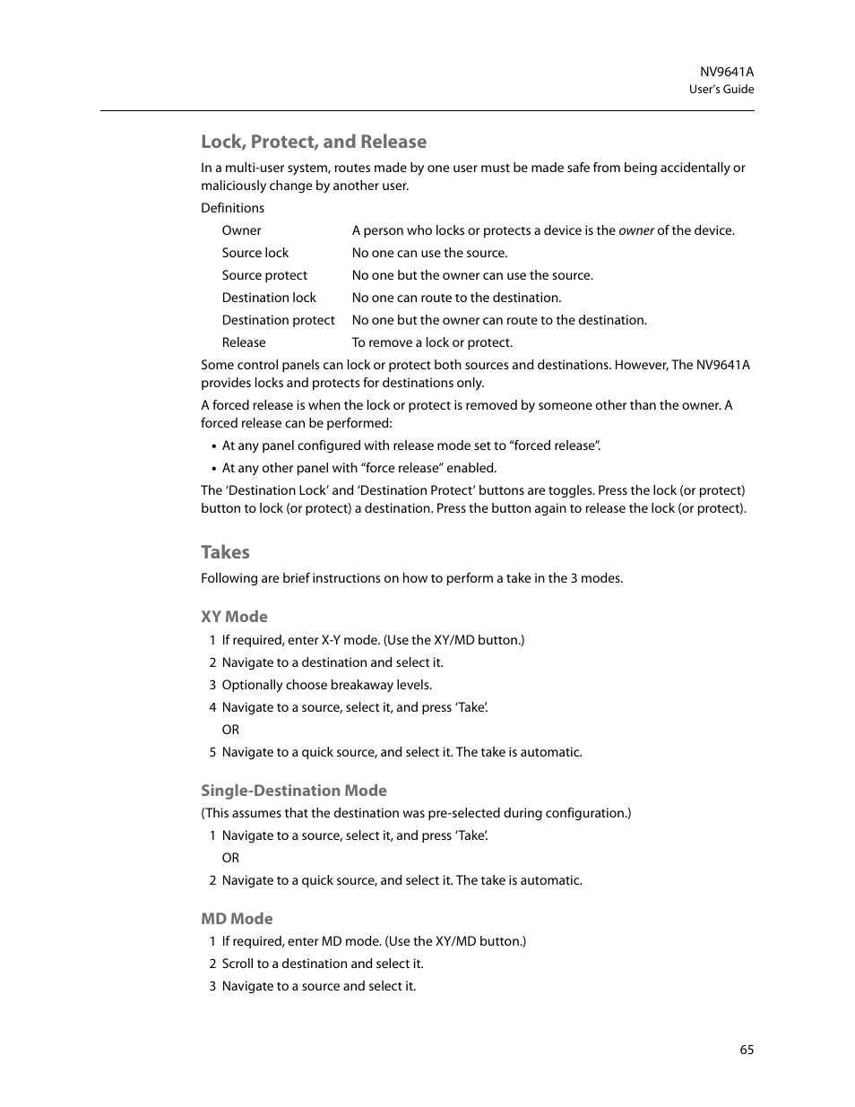 Lock, protect, and release, Takes, Xy mode | Single-destination mode, Md mode, Lock, protect, and release takes, Xy mode single-destination mode md mode | Grass Valley NV9641A v.1.0 User Manual | Page 75 / 110