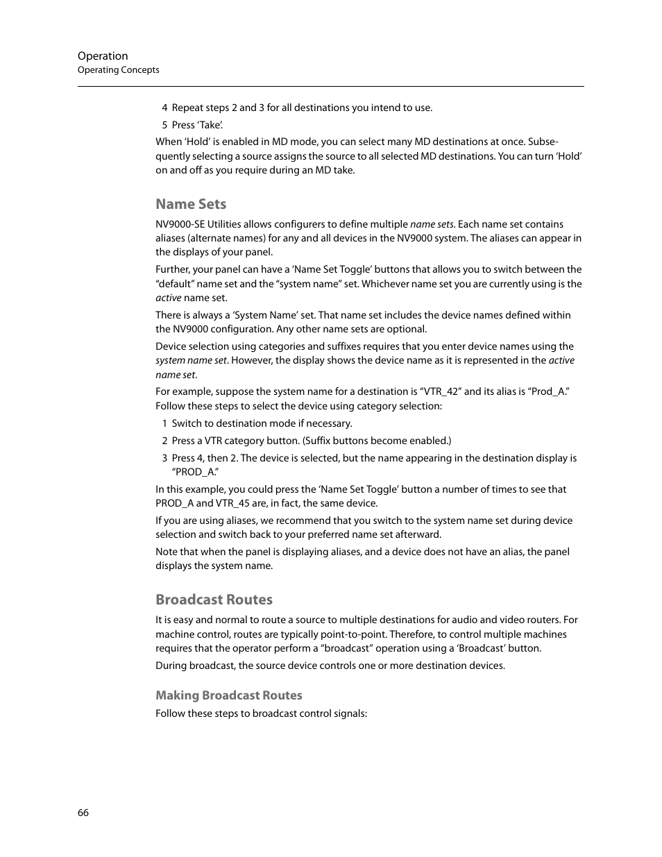 Name sets, Broadcast routes, Making broadcast routes | Name sets broadcast routes | Grass Valley NV9641A v.1.0 User Manual | Page 76 / 110