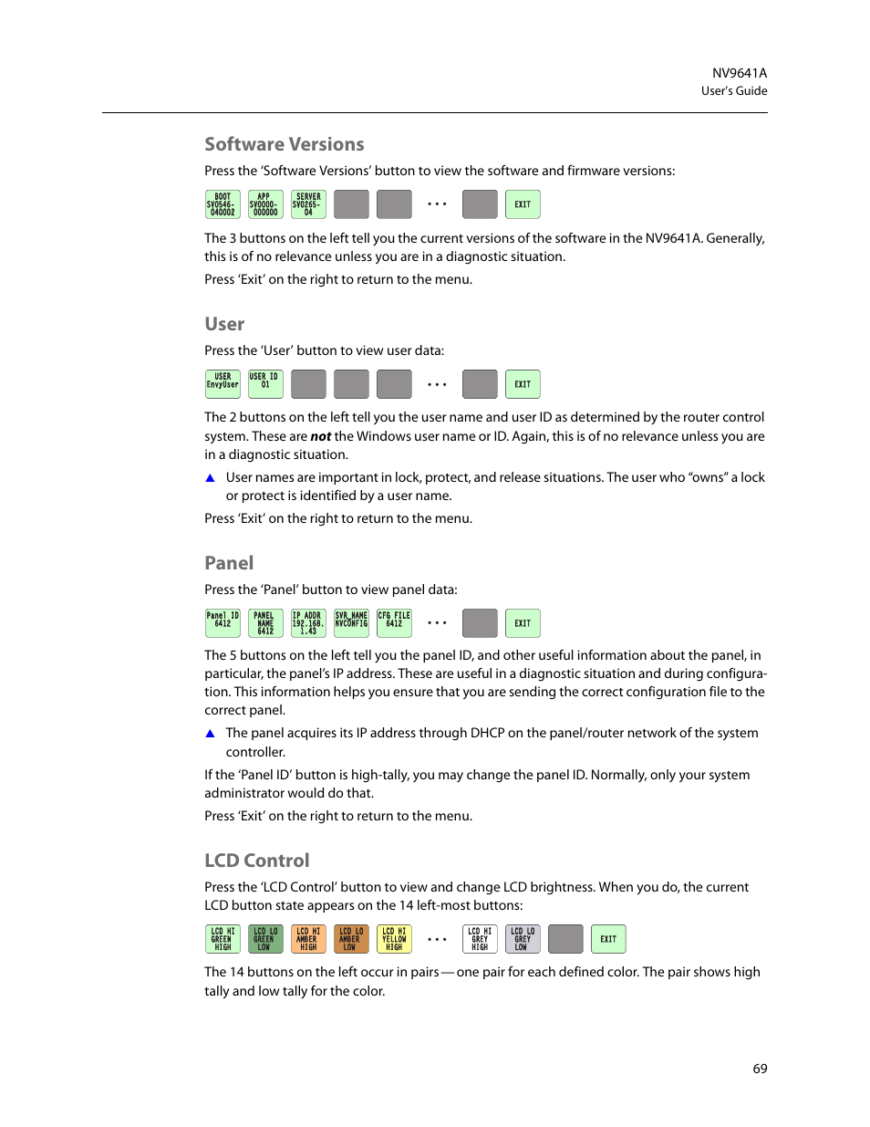 Software versions, User, Panel | Lcd control, Software versions user panel lcd control, User’s guide | Grass Valley NV9641A v.1.0 User Manual | Page 79 / 110