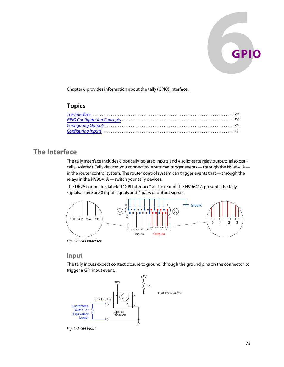 Gpio, The interface, Input | 6 gpio, Chapter 6, Describes the tally, E chapter 6, Ad chapter 6, Topics | Grass Valley NV9641A v.1.0 User Manual | Page 83 / 110