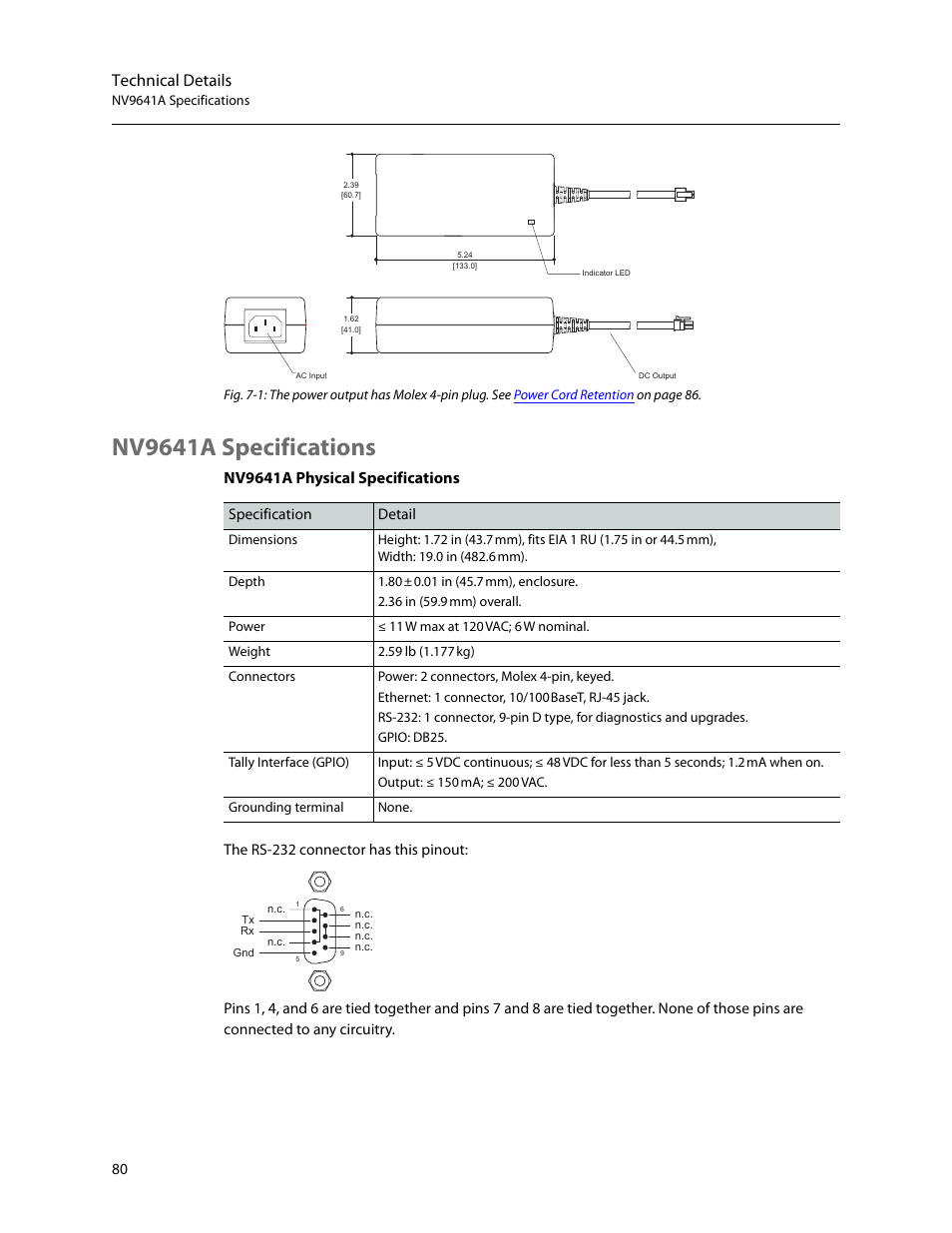 Nv9641a specifications, Technical details, Nv9641a physical specifications | Grass Valley NV9641A v.1.0 User Manual | Page 90 / 110