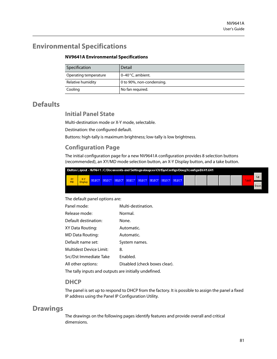 Environmental specifications, Defaults, Initial panel state | Dhcp, Drawings, Environmental specifications defaults, Configuration page | Grass Valley NV9641A v.1.0 User Manual | Page 91 / 110