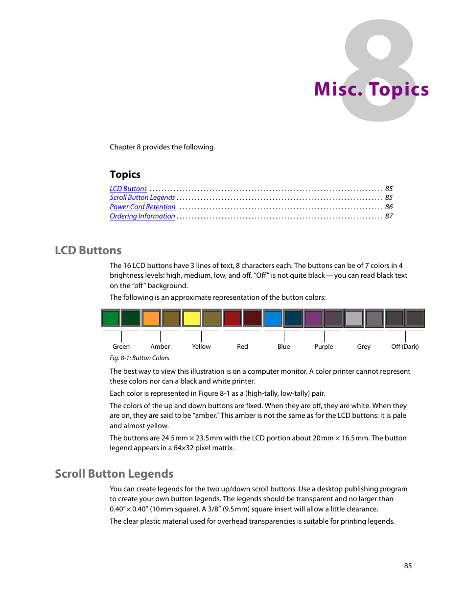 Misc. topics, Lcd buttons, Scroll button legends | 8 misc. topics, Lcd buttons scroll button legends, Chapter 8, Topics | Grass Valley NV9641A v.1.0 User Manual | Page 95 / 110