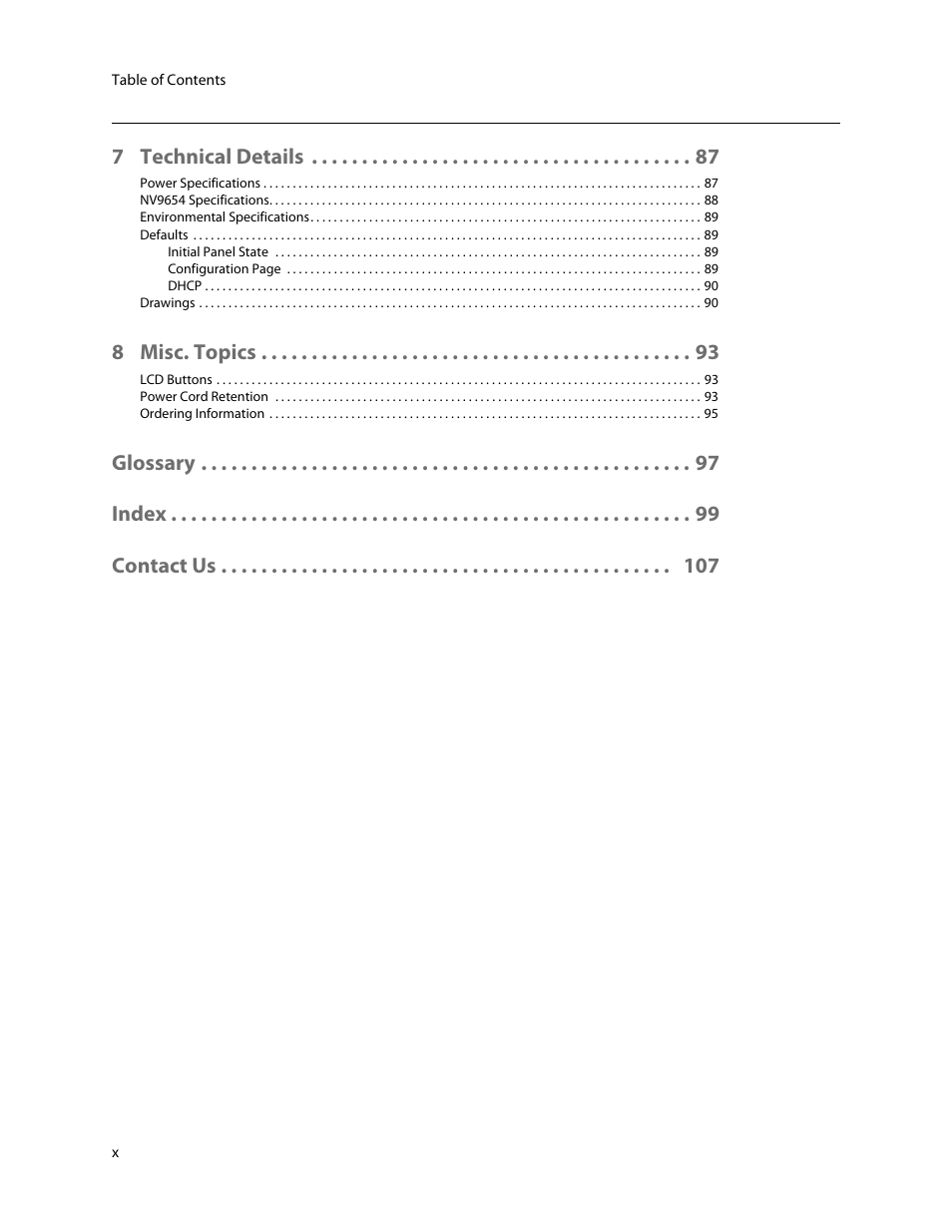 7 technical details, 8 misc. topics, Glossary index contact us | Grass Valley NV9654 v.1.1 User Manual | Page 10 / 118