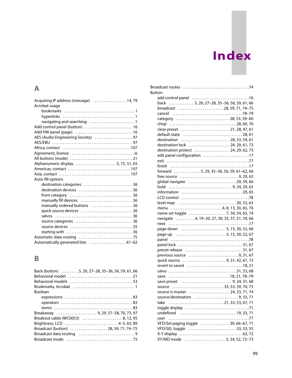 Index | Grass Valley NV9654 v.1.1 User Manual | Page 109 / 118