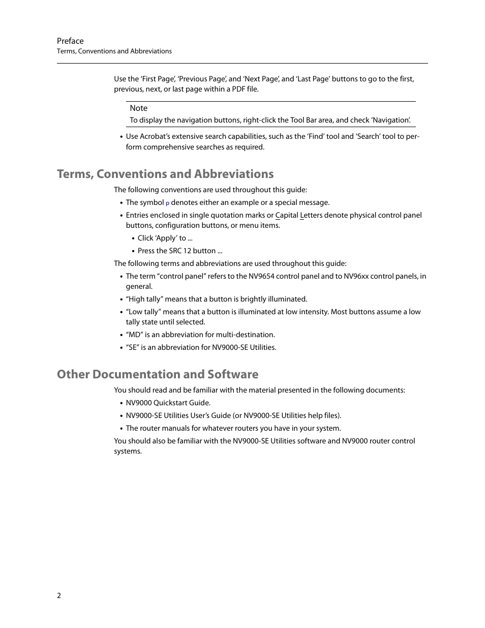 Terms, conventions and abbreviations, Other documentation and software | Grass Valley NV9654 v.1.1 User Manual | Page 12 / 118