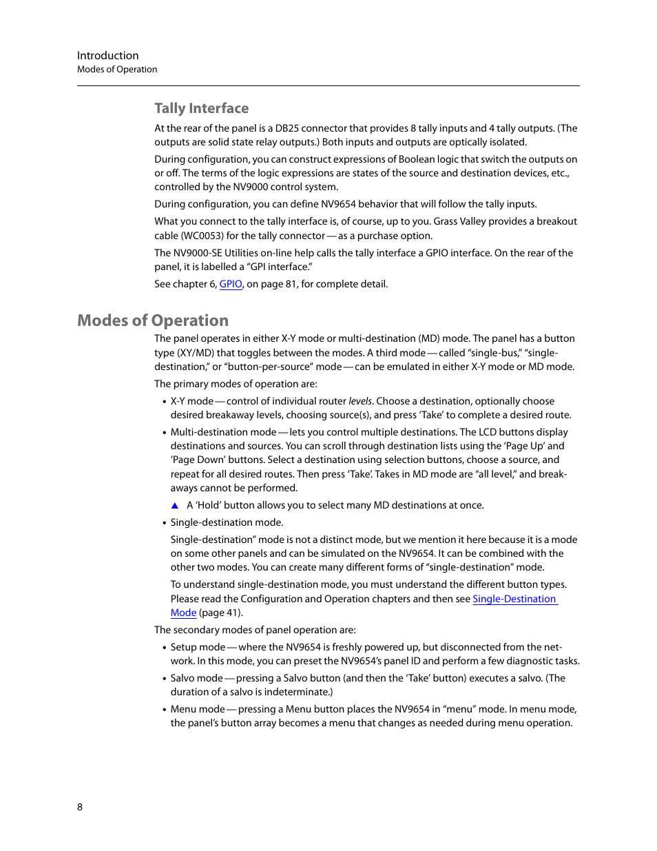 Tally interface, Modes of operation, Introduction | Grass Valley NV9654 v.1.1 User Manual | Page 18 / 118