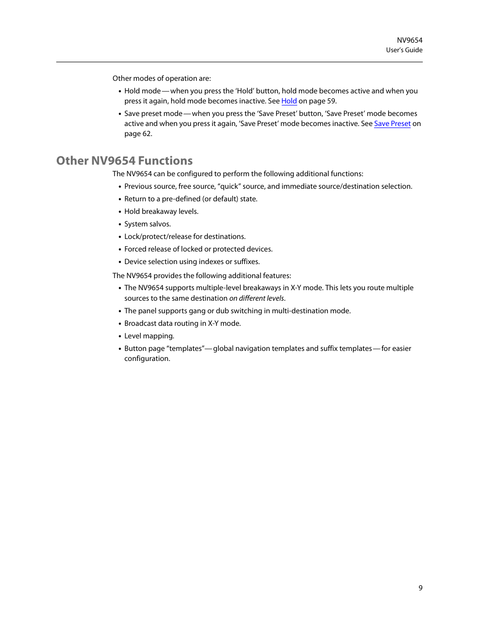 Other nv9654 functions | Grass Valley NV9654 v.1.1 User Manual | Page 19 / 118