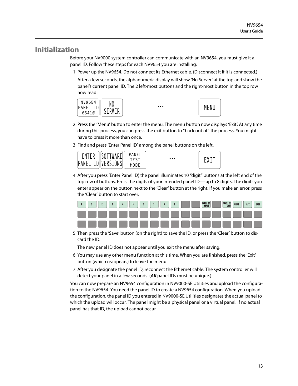 Initialization, No server menu, Enter panel id software versions exit | Grass Valley NV9654 v.1.1 User Manual | Page 23 / 118