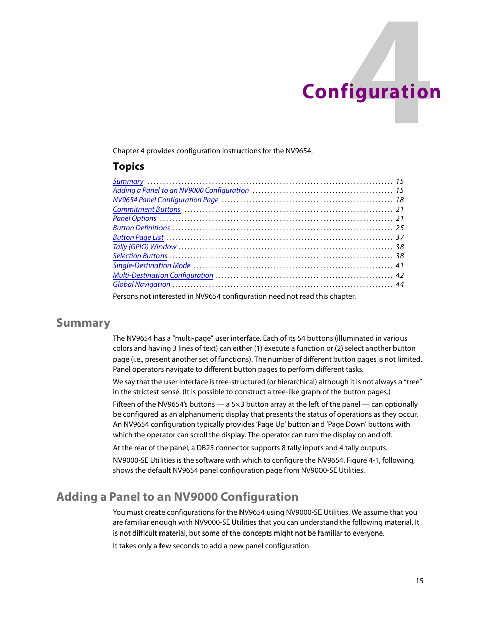 Configuration, Summary, Adding a panel to an nv9000 configuration | 4 configuration, Summary adding a panel to an nv9000 configuration, Chapter 4, Topics | Grass Valley NV9654 v.1.1 User Manual | Page 25 / 118