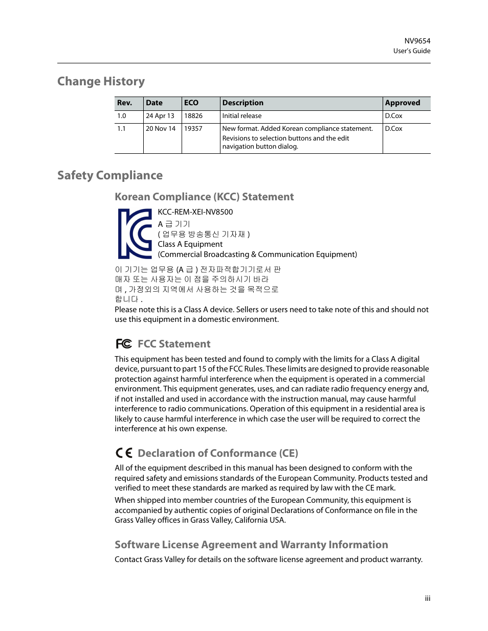 Change history safety compliance, Korean compliance (kcc) statement, Fcc statement | Declaration of conformance (ce) | Grass Valley NV9654 v.1.1 User Manual | Page 3 / 118