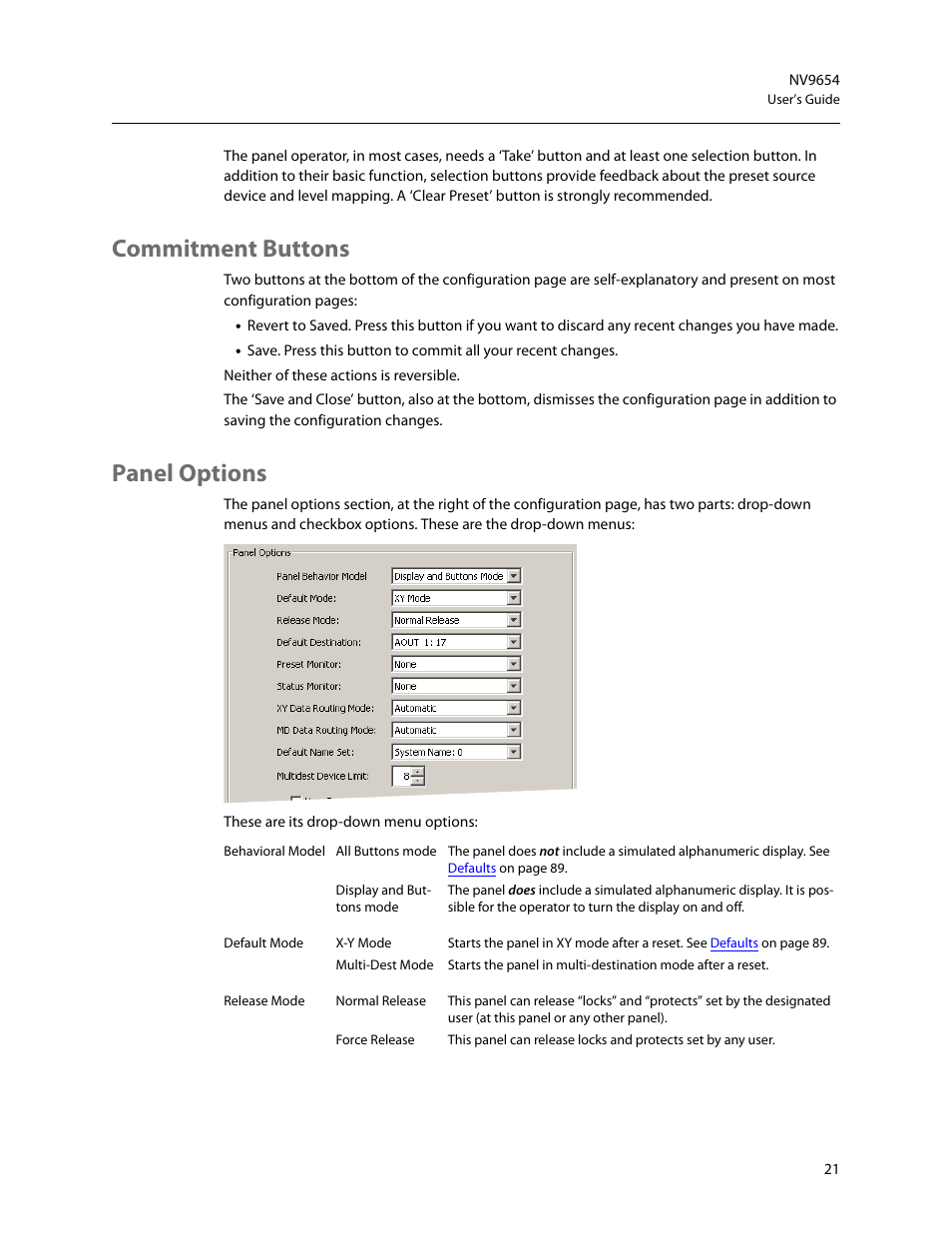 Commitment buttons, Panel options, Commitment buttons panel options | A name set.) see | Grass Valley NV9654 v.1.1 User Manual | Page 31 / 118