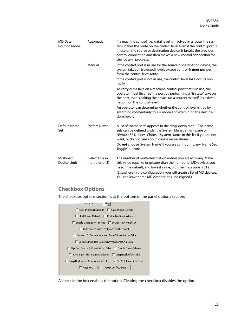 Checkbox options | Grass Valley NV9654 v.1.1 User Manual | Page 33 / 118