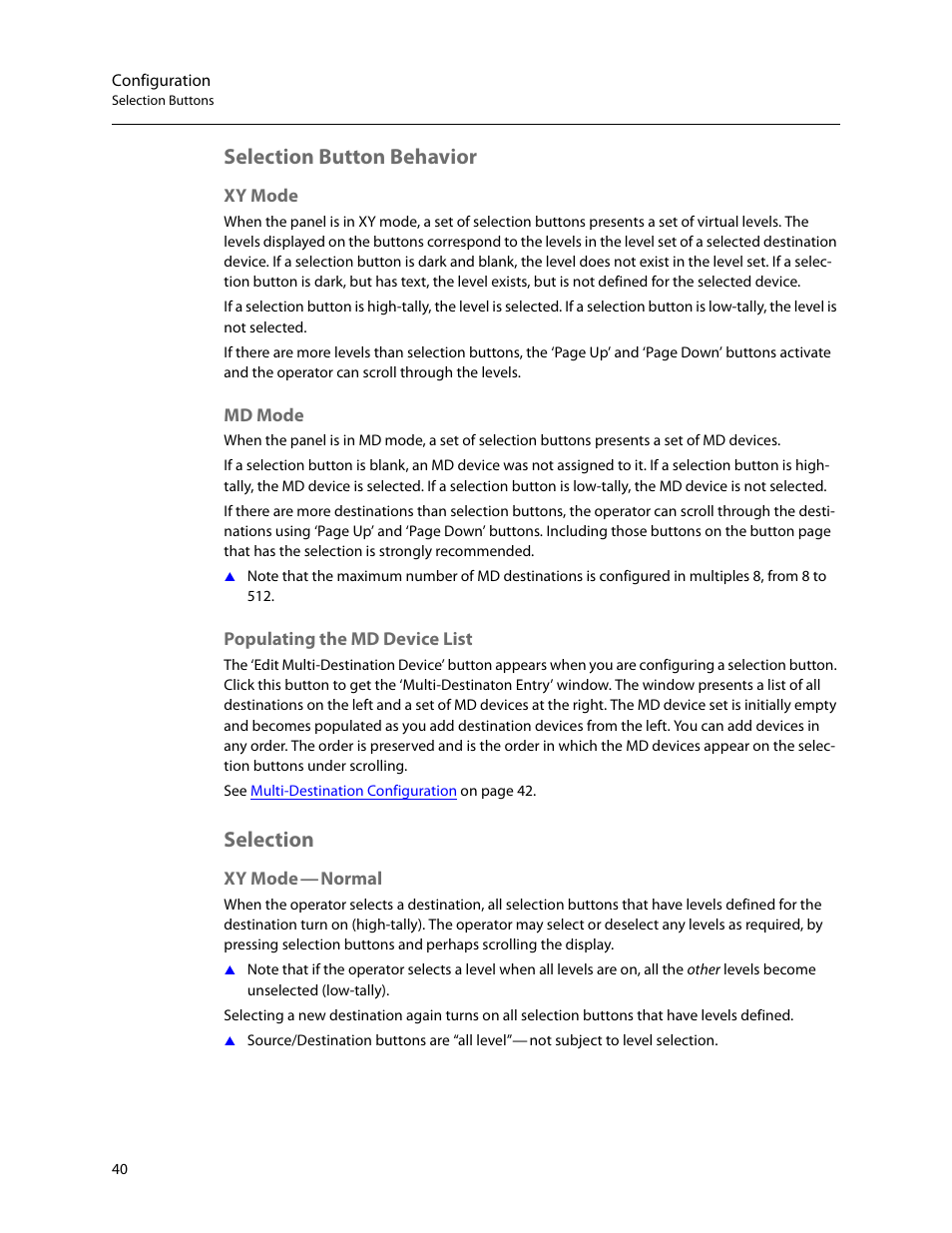 Selection button behavior, Xy mode, Md mode | Populating the md device list, Selection, Xy mode - normal, Xy mode md mode populating the md device list | Grass Valley NV9654 v.1.1 User Manual | Page 50 / 118