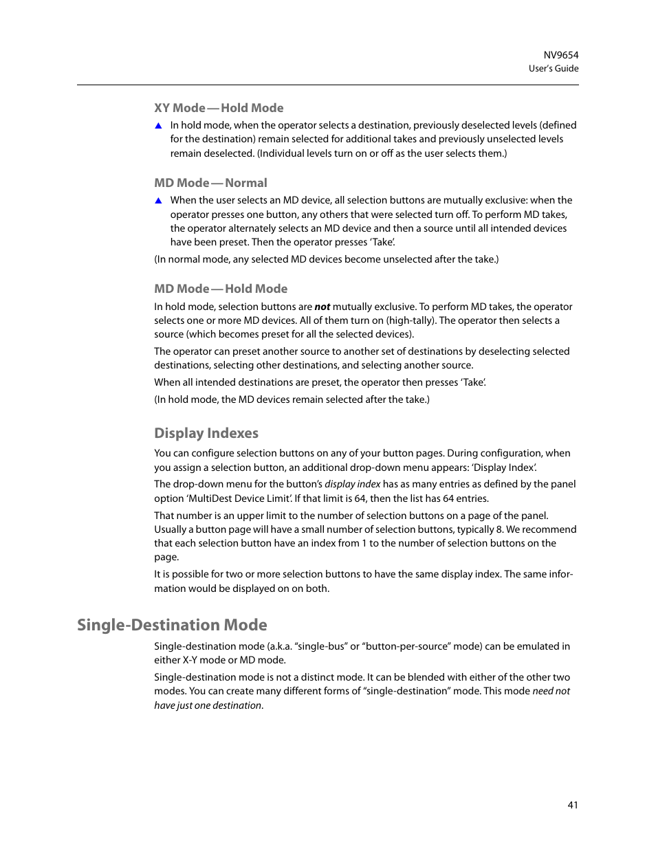 Xy mode - hold mode, Md mode - normal, Md mode - hold mode | Display indexes, Single-destination mode, Xy mode, Md mode, Single-destination, Mode | Grass Valley NV9654 v.1.1 User Manual | Page 51 / 118