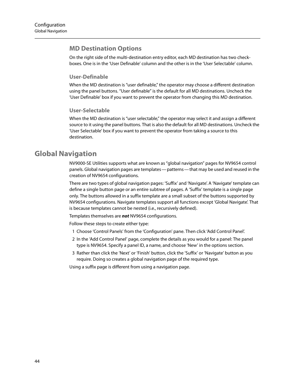 Md destination options, User-definable, User-selectable | Global navigation, User-definable user-selectable, Global, Navigation | Grass Valley NV9654 v.1.1 User Manual | Page 54 / 118