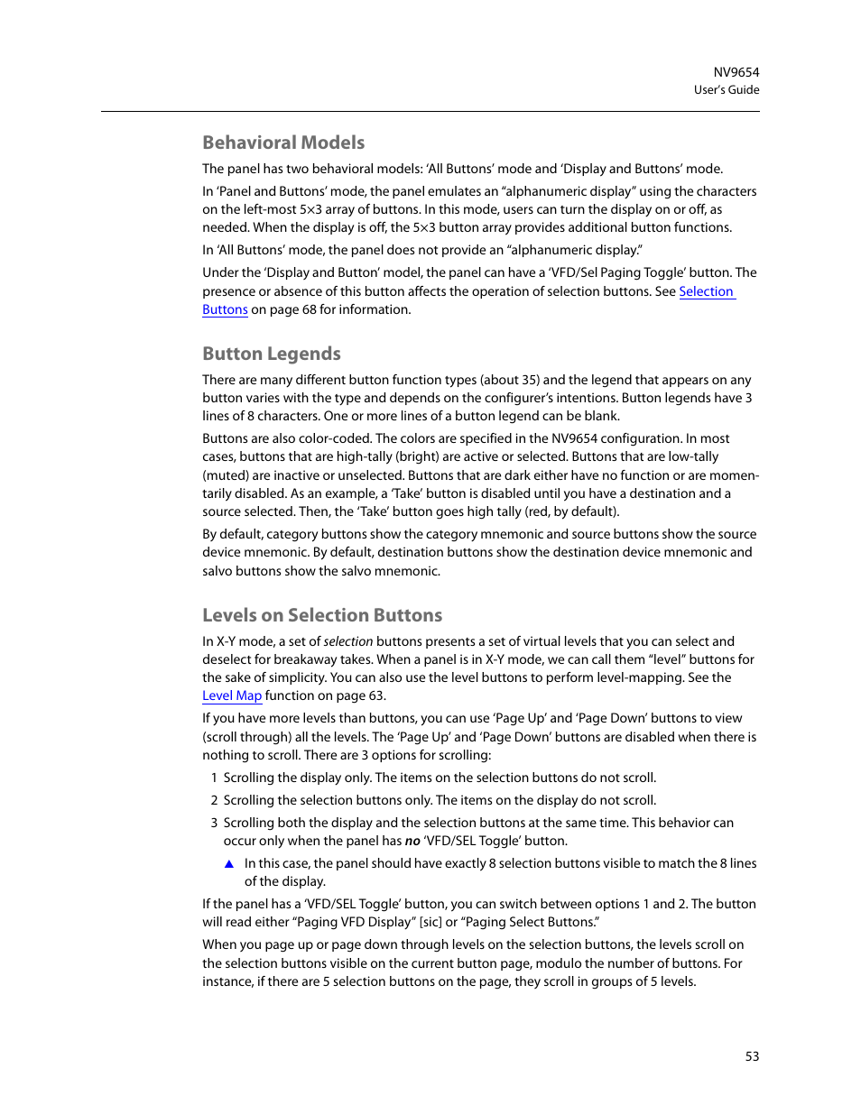 Behavioral models, Button legends, Levels on selection buttons | Grass Valley NV9654 v.1.1 User Manual | Page 63 / 118