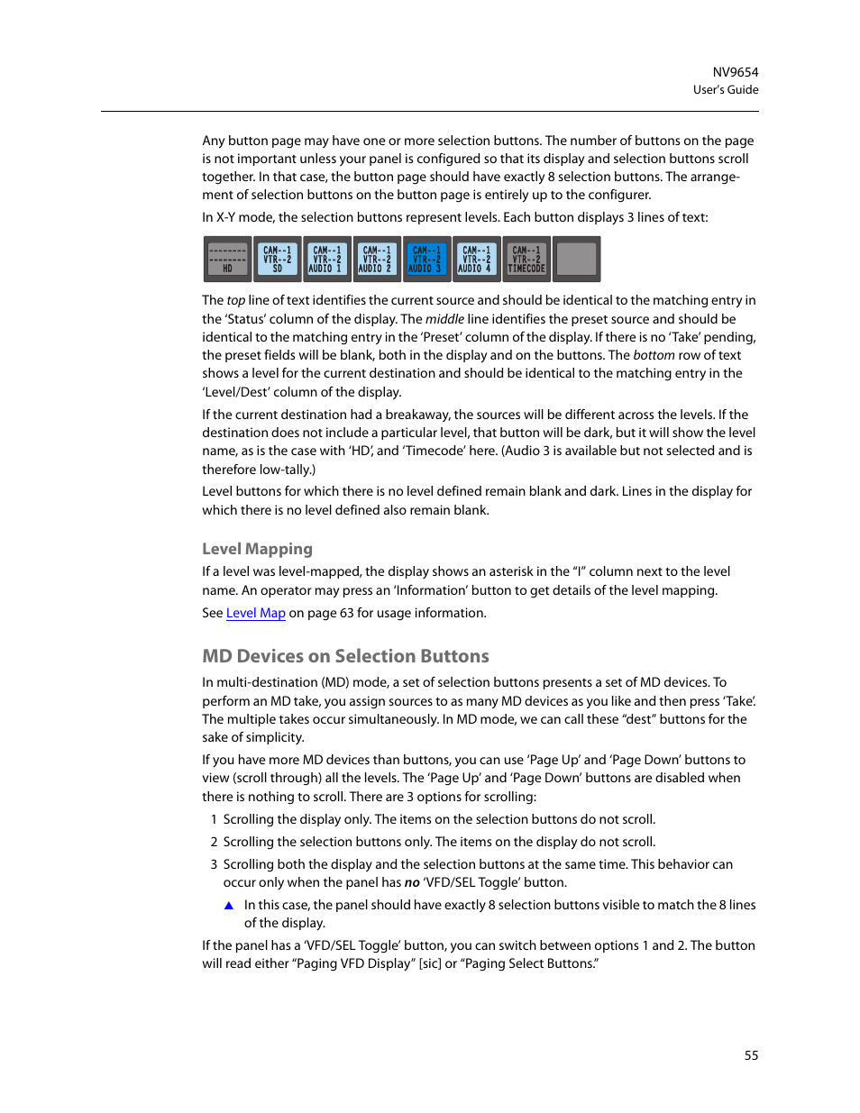 Level mapping, Md devices on selection buttons | Grass Valley NV9654 v.1.1 User Manual | Page 65 / 118