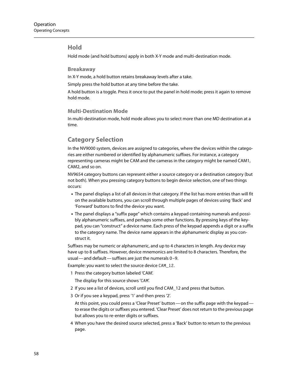 Hold, Breakaway, Multi-destination mode | Category selection, Breakaway multi-destination mode | Grass Valley NV9654 v.1.1 User Manual | Page 68 / 118