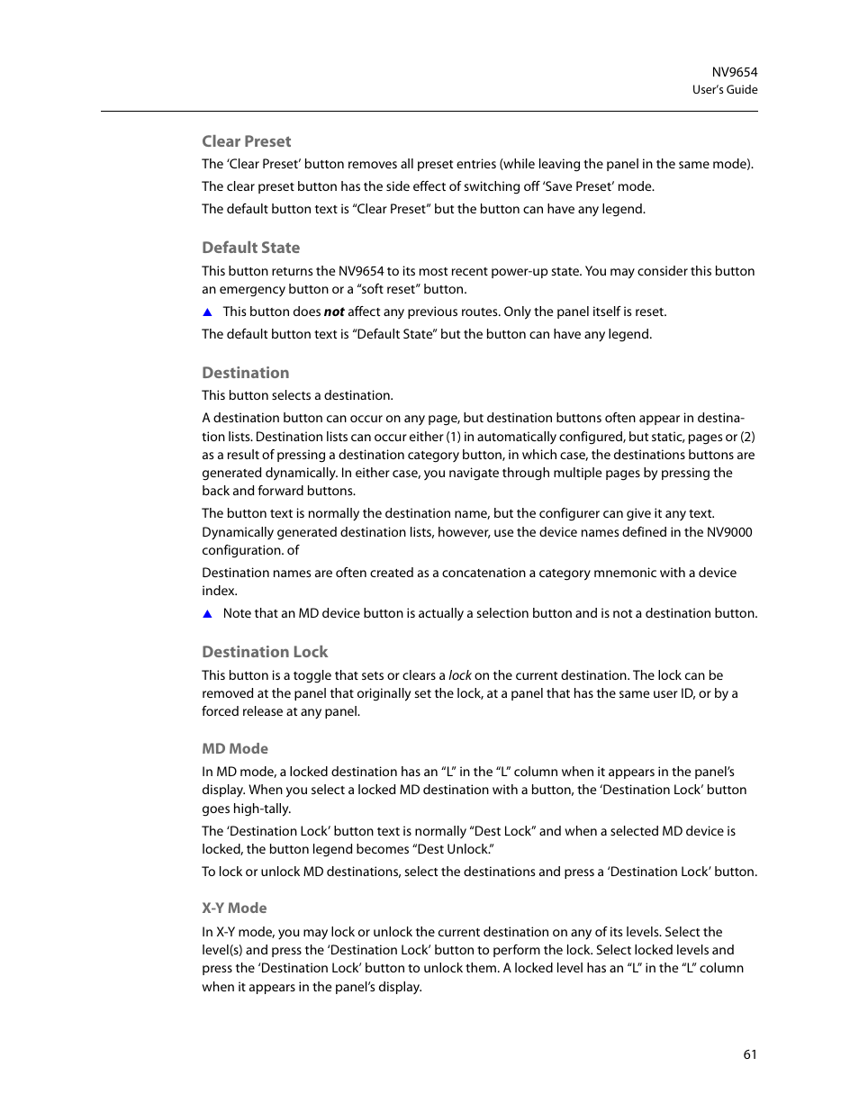 Clear preset, Default state, Destination | Destination lock | Grass Valley NV9654 v.1.1 User Manual | Page 71 / 118